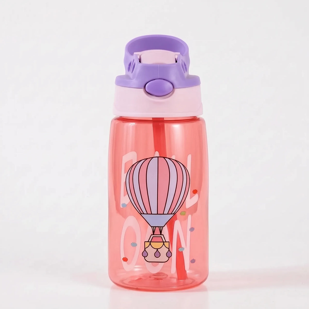 Botella de agua infantil transparente con estampado de dibujos animados, botón pulsador y pajita