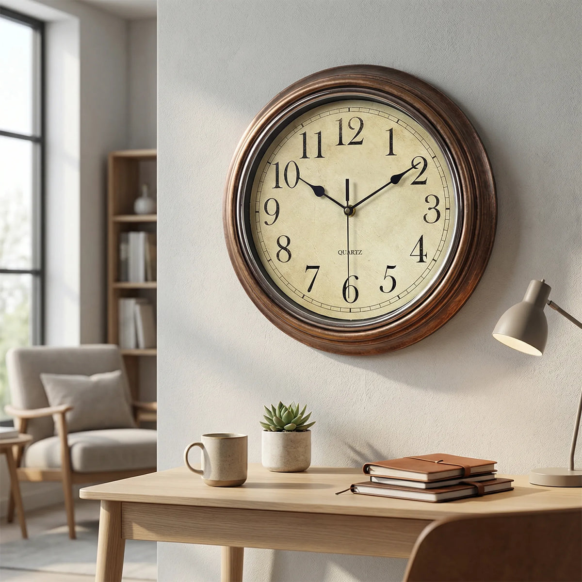 Reloj de pared compacto vintage de esfera redonda y movimiento silencioso