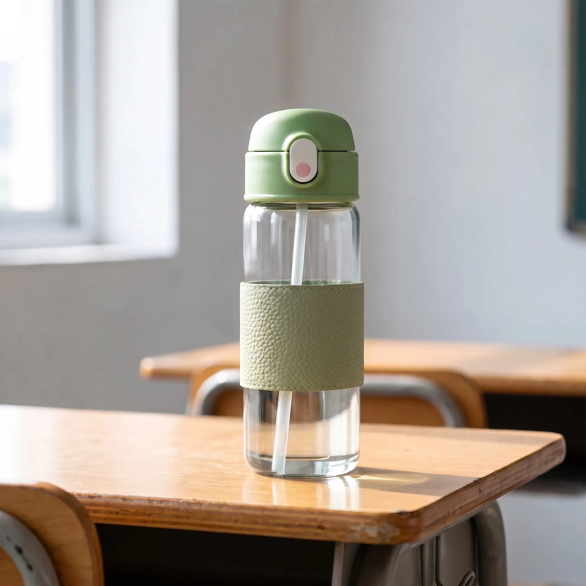 Botella de agua de vidrio con agarre texturizado, botón pulsador y pajita