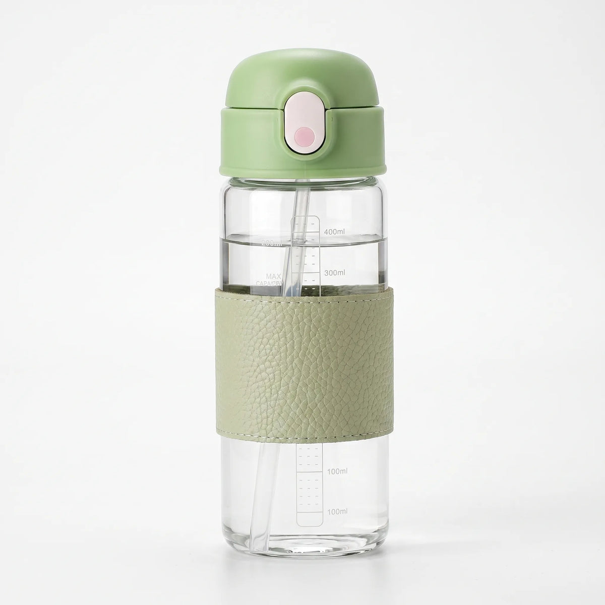 Botella de agua de vidrio con agarre texturizado, botón pulsador y pajita