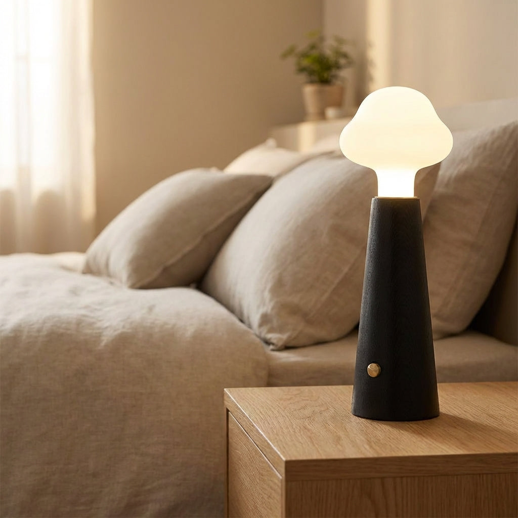Lámpara de mesa con pantalla acrílica en forma de nube, base cónica y luz difusa