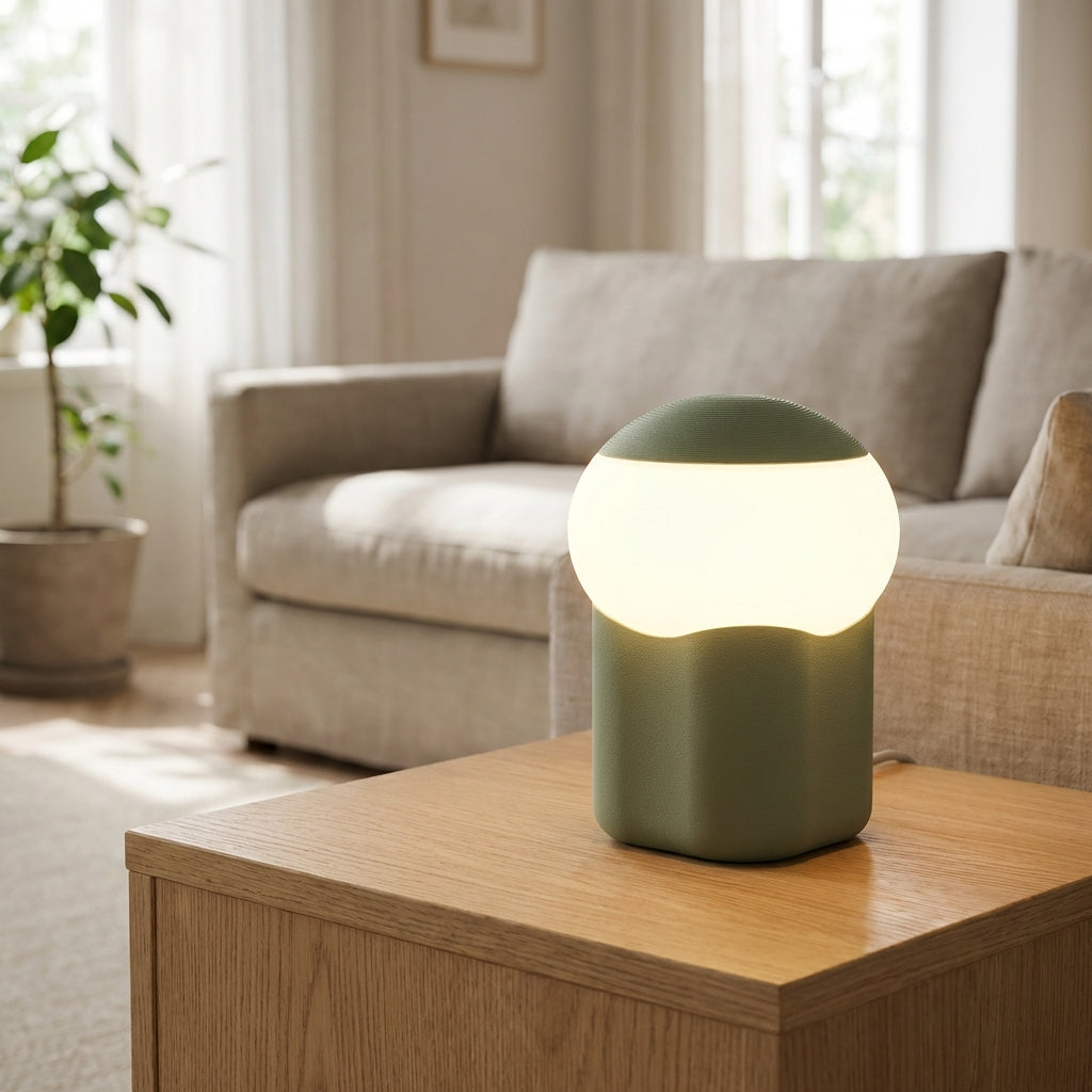 Lámpara de mesa minimalista compacta con silueta de champiñón y base con peso