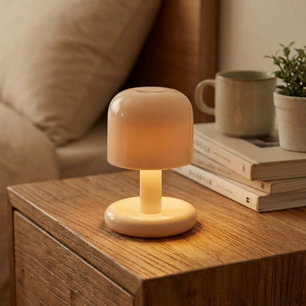 Lámpara de mesa compacta recargable y regulable, con silueta de champiñón y resplandor de atardecer
