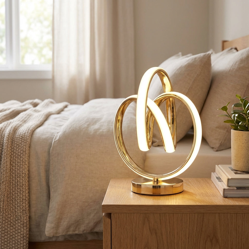 Lámpara de mesa decorativa escultural de aluminio y acrílico con bucle curvado