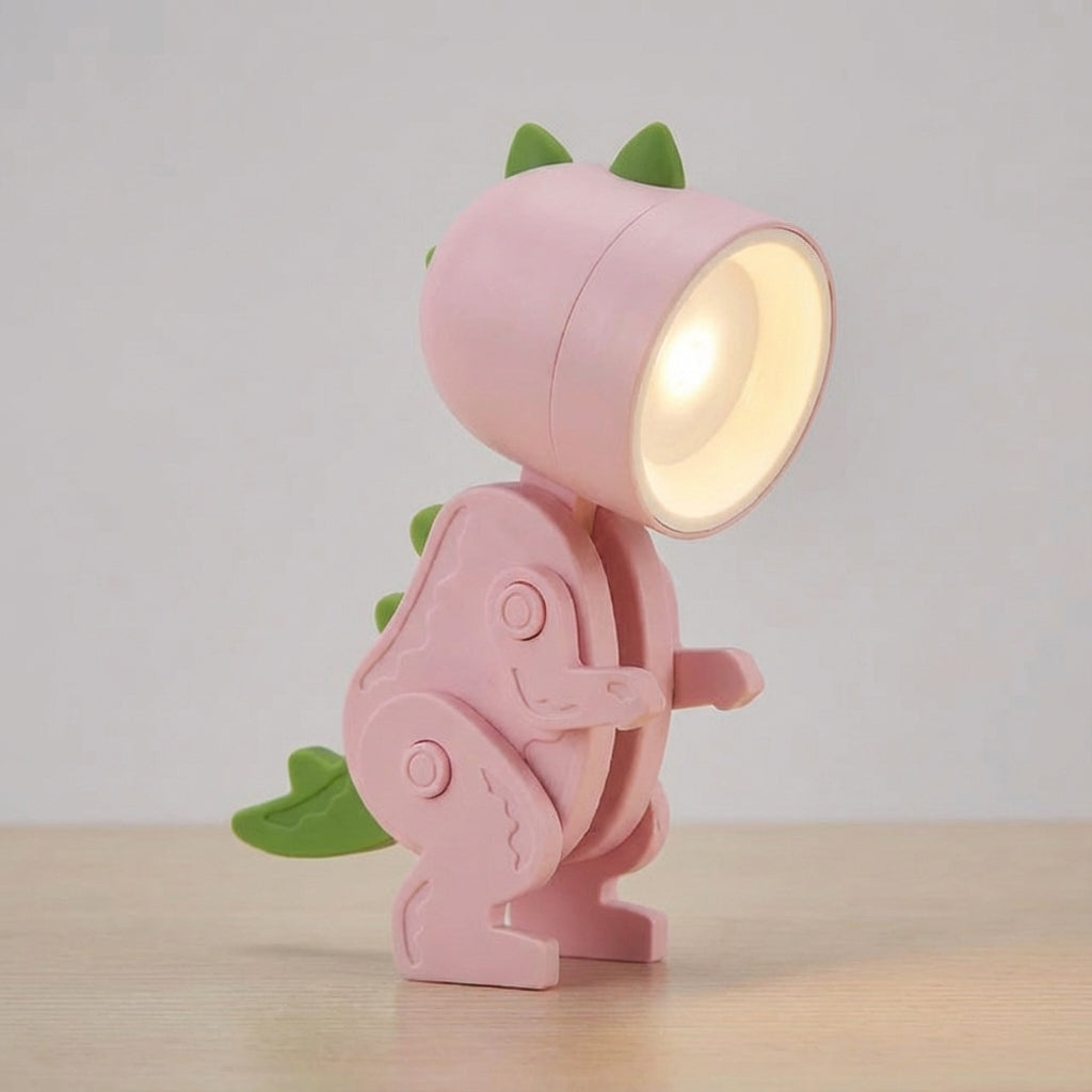 Lámpara de mesa portátil compacta con personaje de dinosaurio plegable y apta para sujetar con pinza