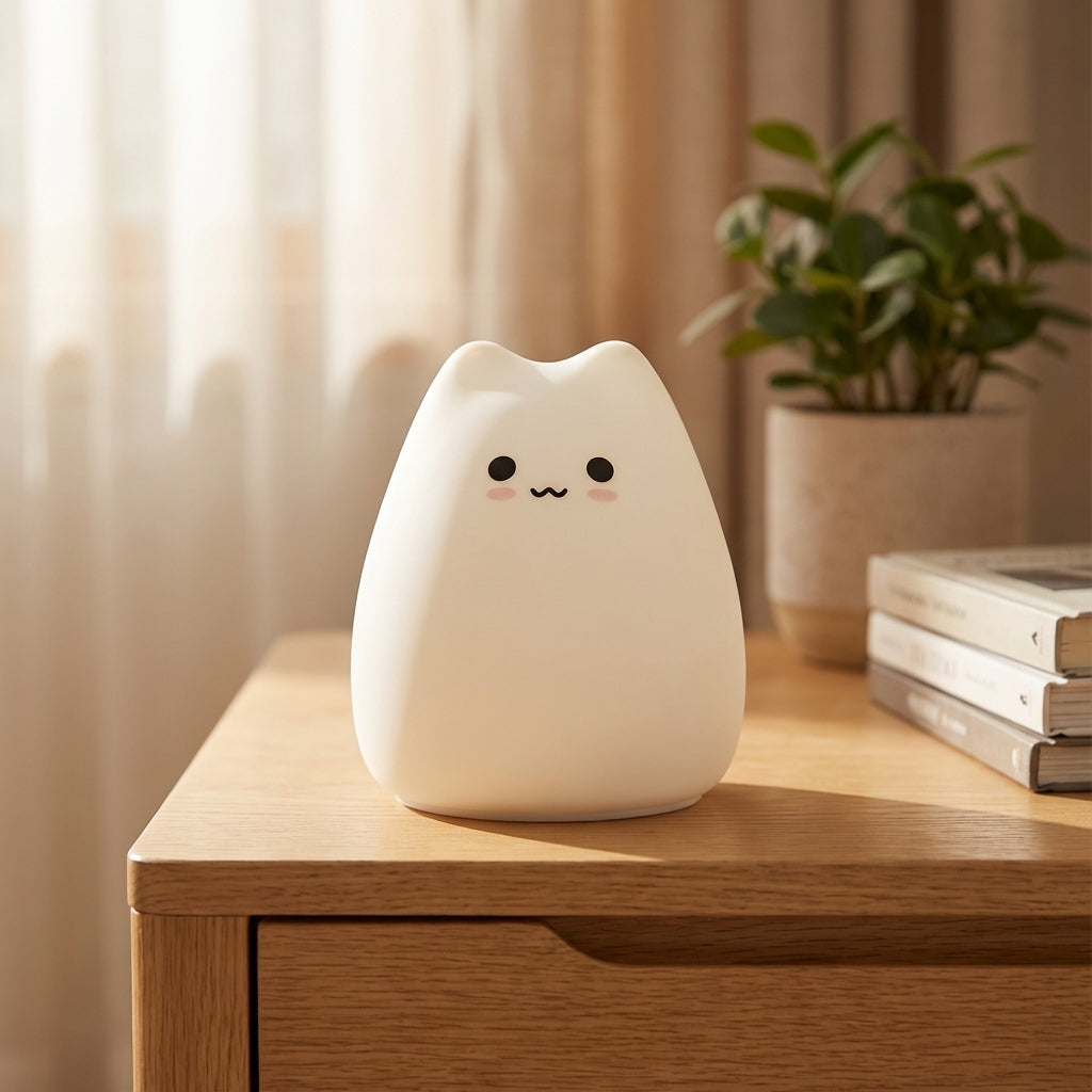 Lámpara de mesa y luz nocturna con forma de gato, silicona suave, batería recargable y control táctil