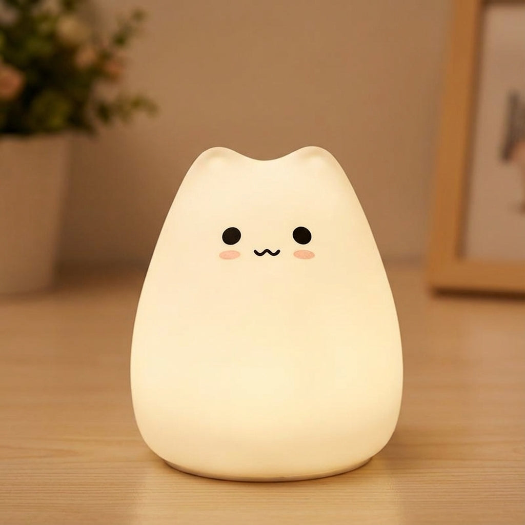 Lámpara de mesa y luz nocturna con forma de gato, silicona suave, batería recargable y control táctil