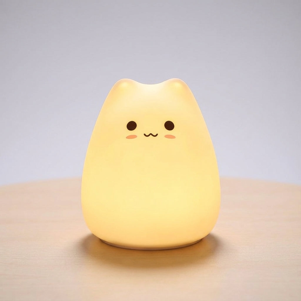Lámpara de mesa y luz nocturna con forma de gato, silicona suave, batería recargable y control táctil