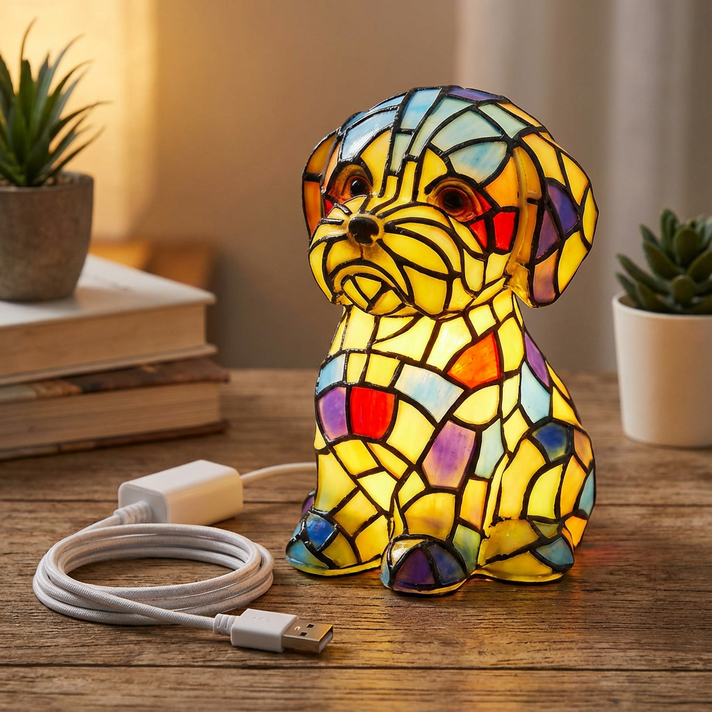 Lámpara de mesa de noche ambiental con figura escultórica moderna de resina y vidrio emplomado