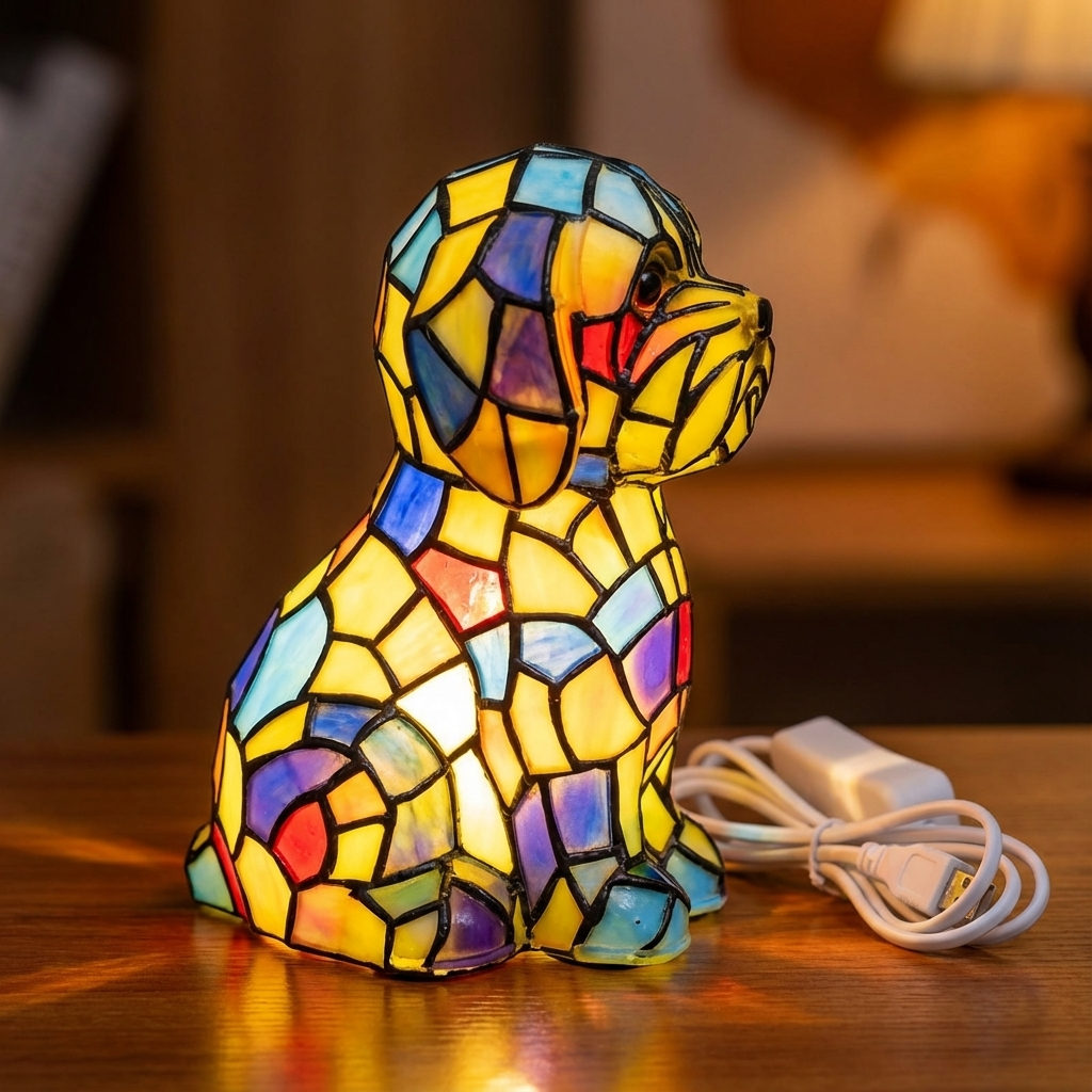 Lámpara de mesa de noche ambiental con figura escultórica moderna de resina y vidrio emplomado