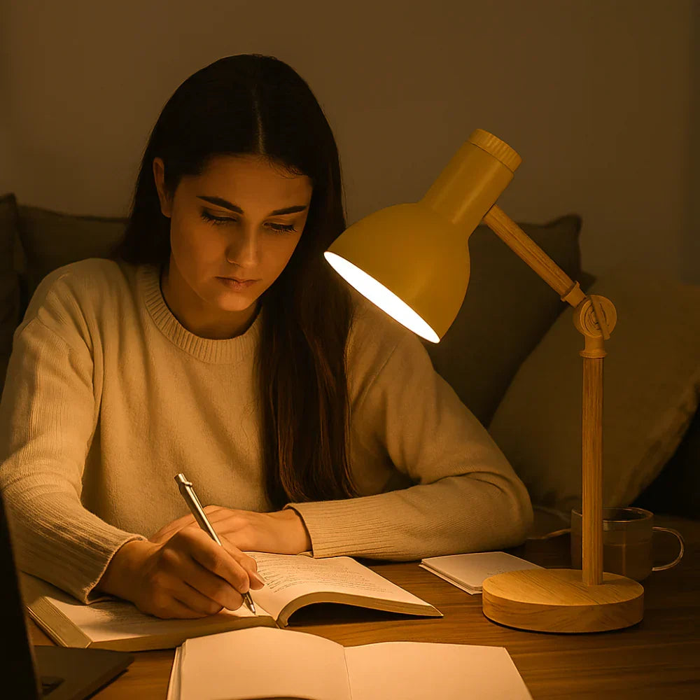 Lámpara de mesa o escritorio nórdica con base de madera y brazo ajustable