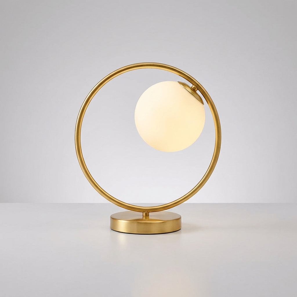 Lámpara de mesa regulable con globo de vidrio suspendido y silueta de aro escultural