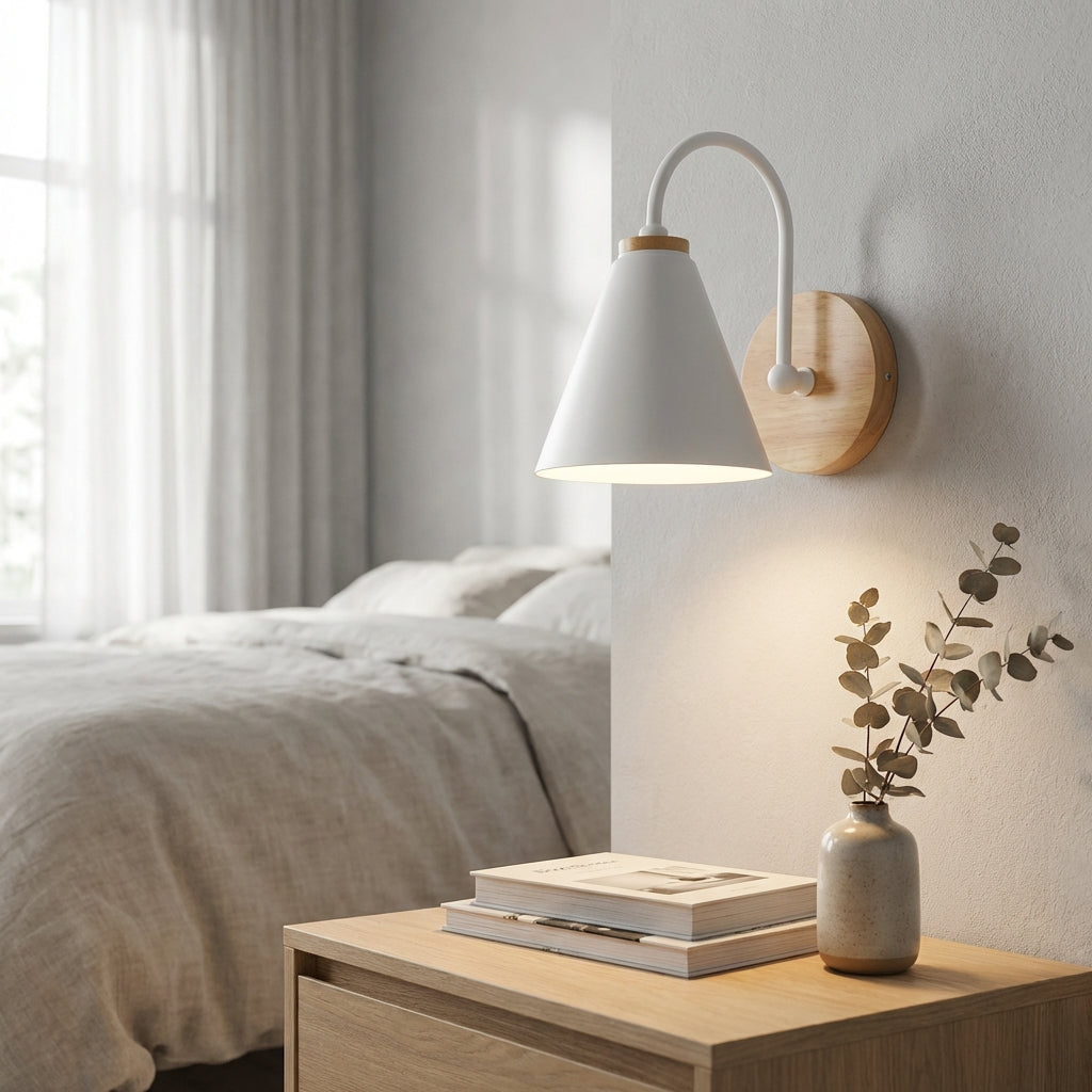 Lámpara de pared minimalista con pantalla cónica orientada hacia abajo y detalle de madera