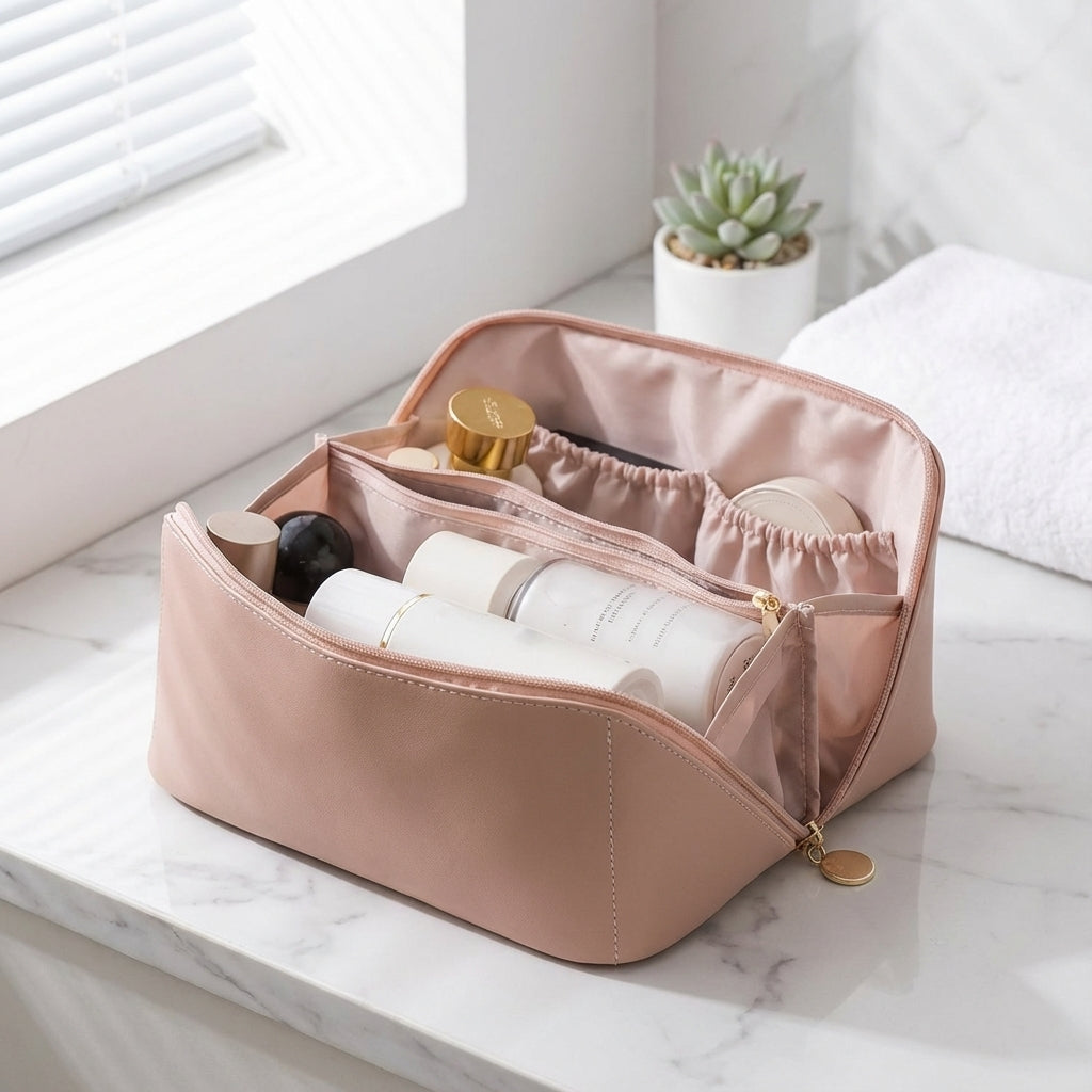 Organizador de maquillaje de cuero sintético, con compartimentos y abertura amplia