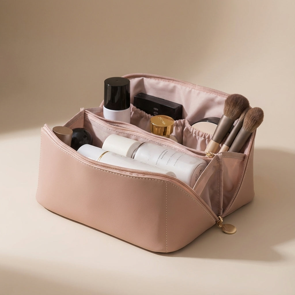 Organizador de maquillaje de cuero sintético, con compartimentos y abertura amplia