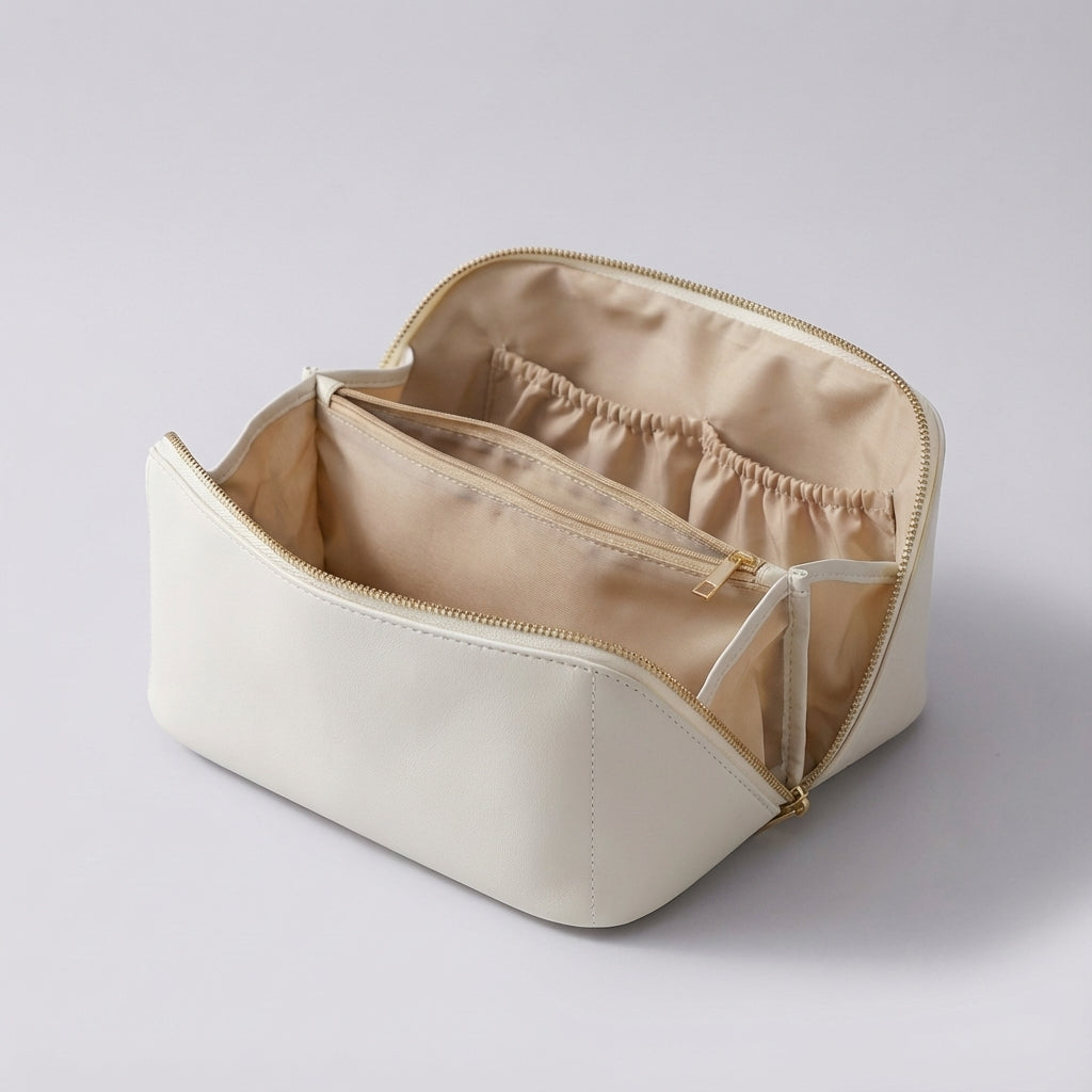 Organizador de maquillaje de cuero sintético, con compartimentos y abertura amplia