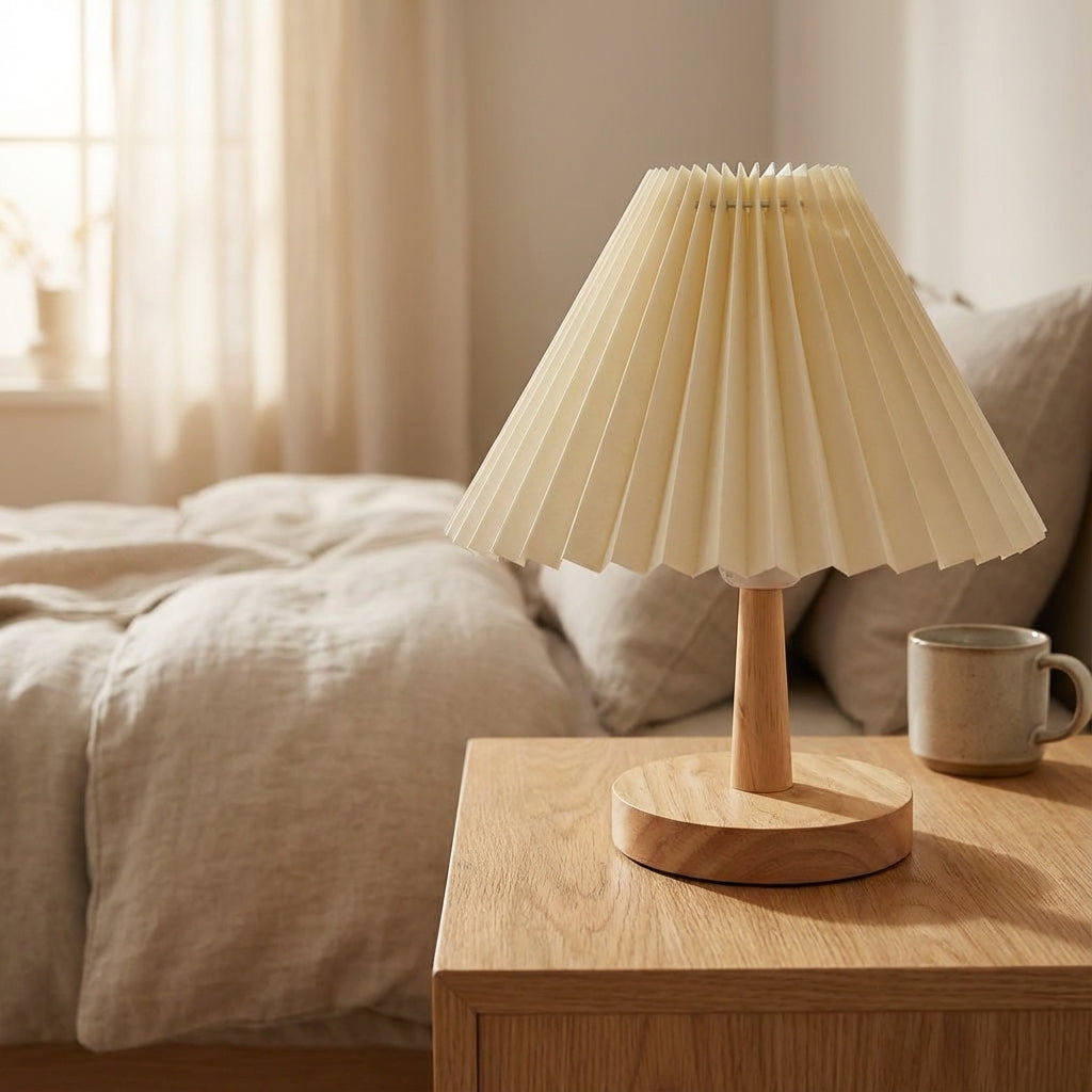 Lámpara de mesa escultural con pantalla plisada plegable, base de madera y batería recargable