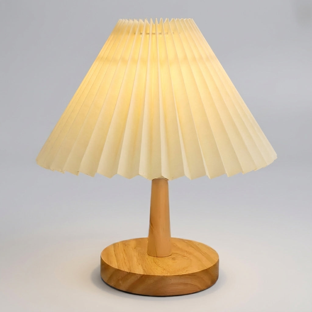 Lámpara de mesa escultural con pantalla plisada plegable, base de madera y batería recargable
