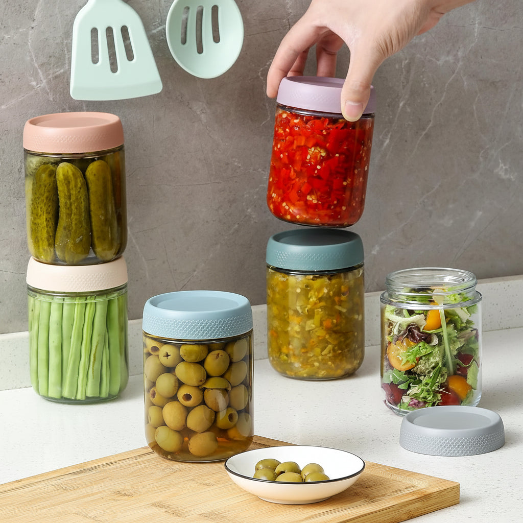 Juego de frascos de vidrio transparentes y apilables para almacenar alimentos, con boca ancha y cierre hermético
