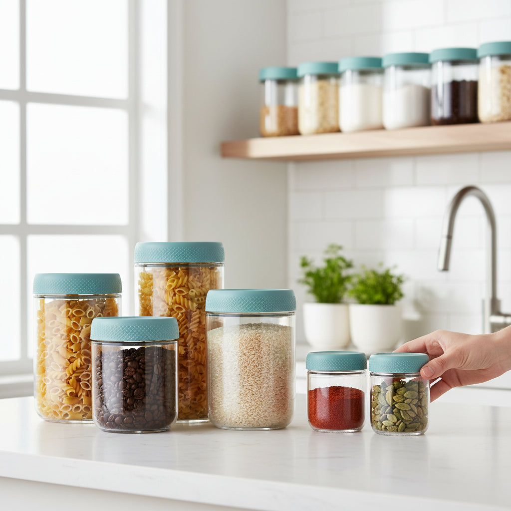 Juego de frascos de vidrio transparentes y apilables para almacenar alimentos, con boca ancha y cierre hermético