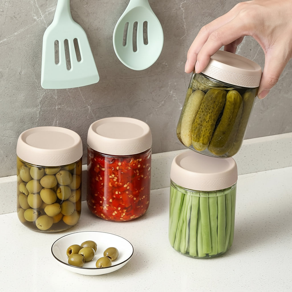 Juego de frascos de vidrio transparentes y apilables para almacenar alimentos, con boca ancha y cierre hermético