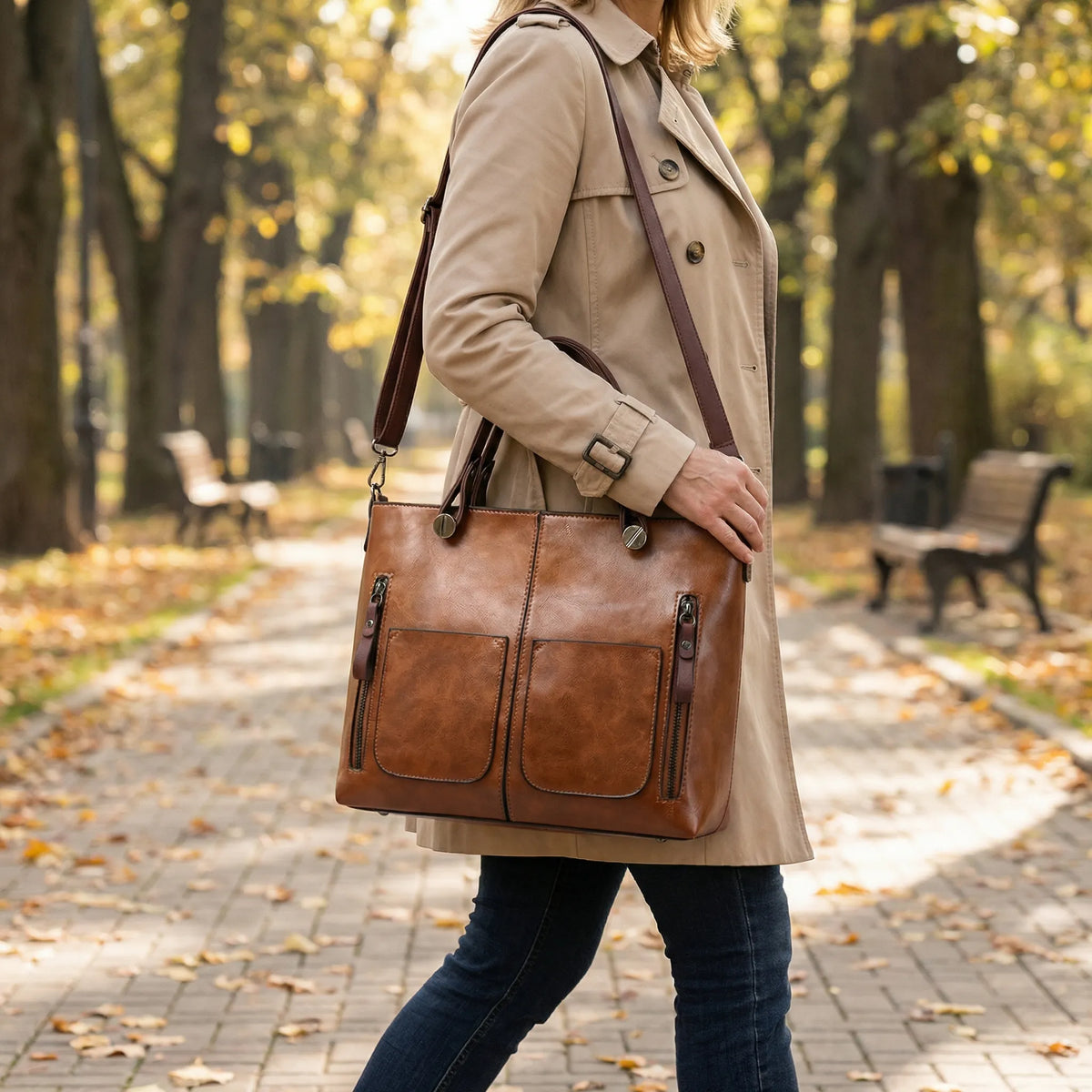 Bolso de hombro rectangular clásico con textura, múltiples bolsillos y asas