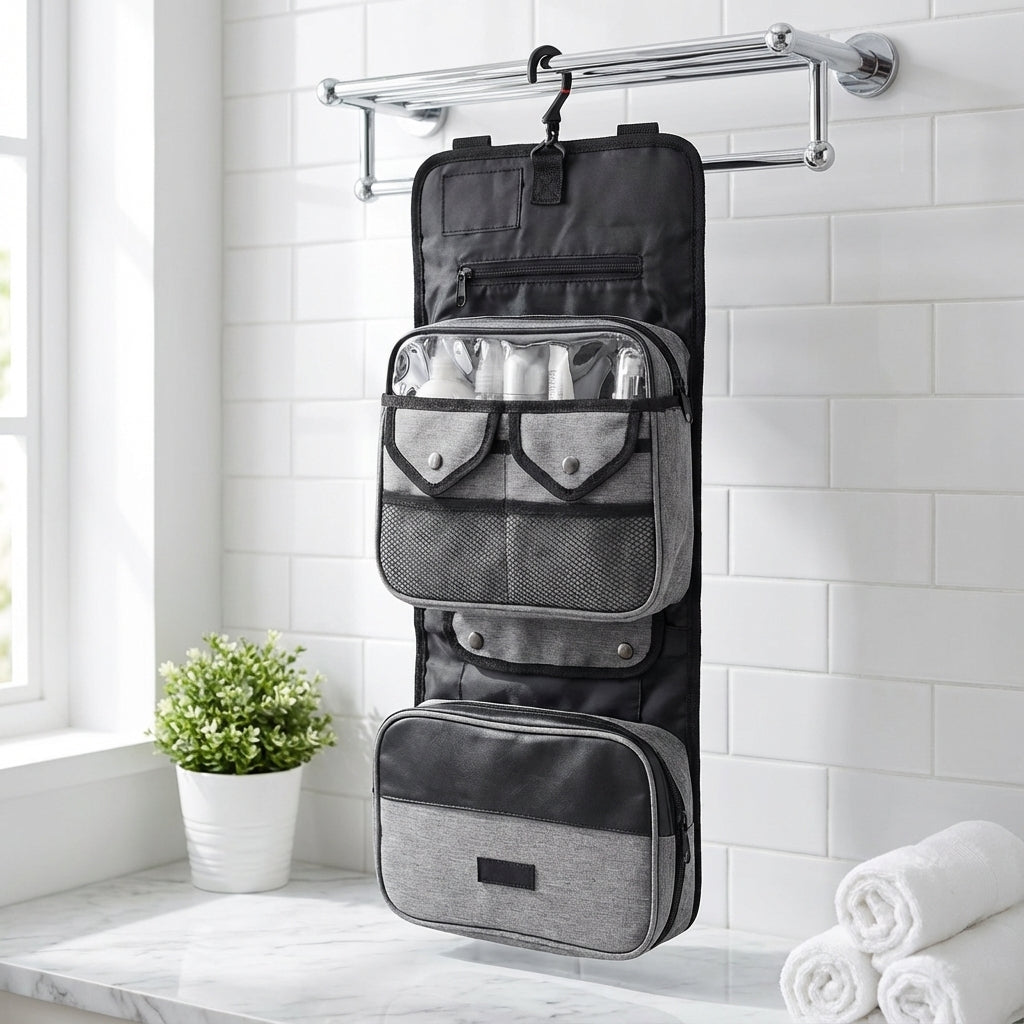 Organizador de viaje plegable repelente al agua, con compartimentos de malla y gancho para colgar