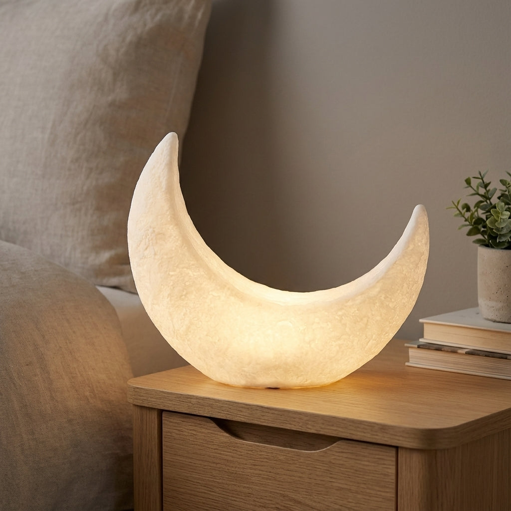 Lámpara de mesa art déco con silueta de media luna, pantalla mate y sin cable