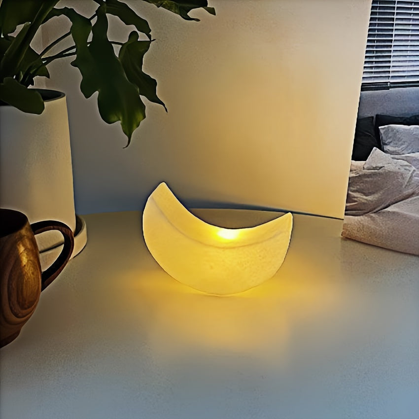 Lámpara de mesa art déco con silueta de media luna, pantalla mate y sin cable