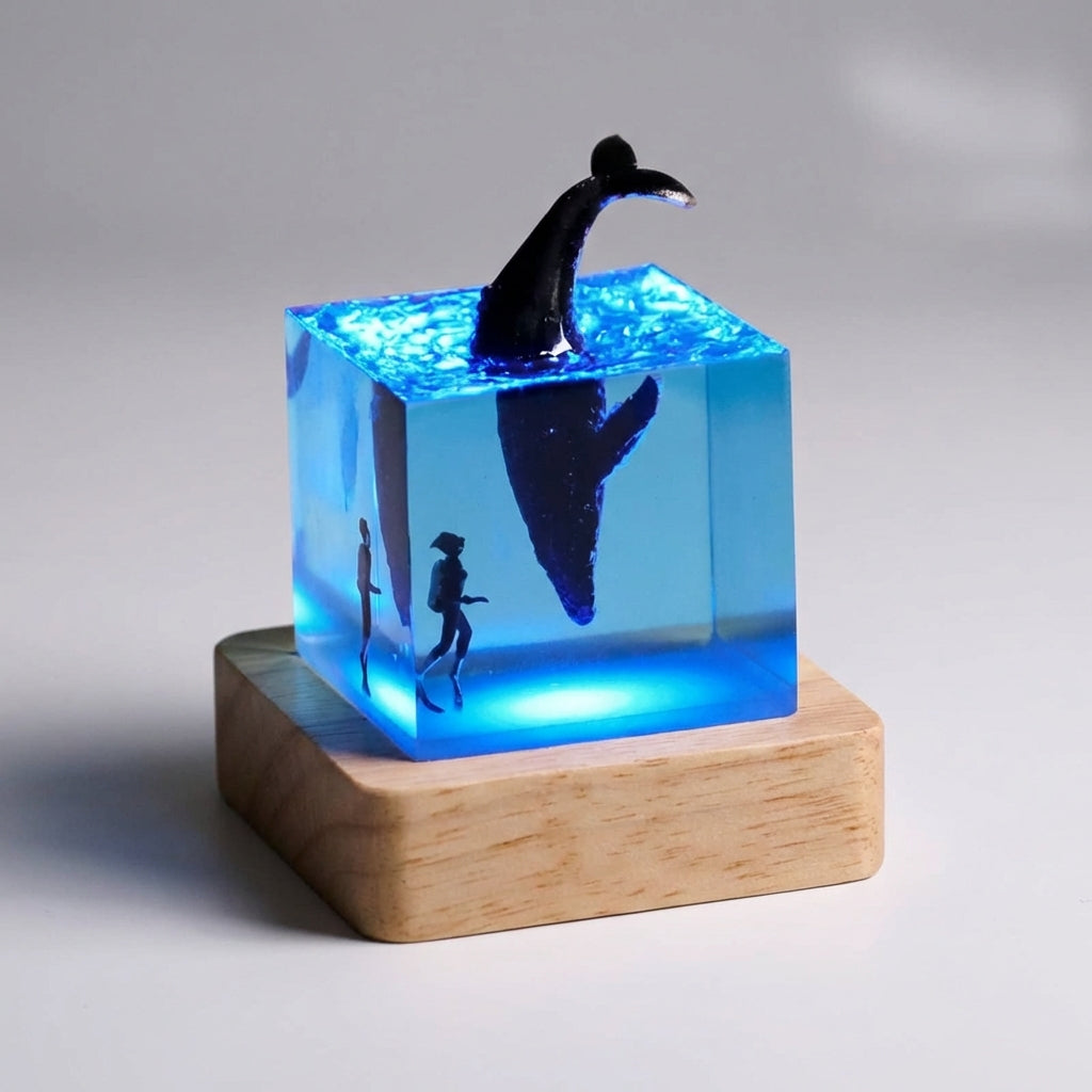 Lámpara de mesa con arte paisajístico de resina, cubo y base de madera