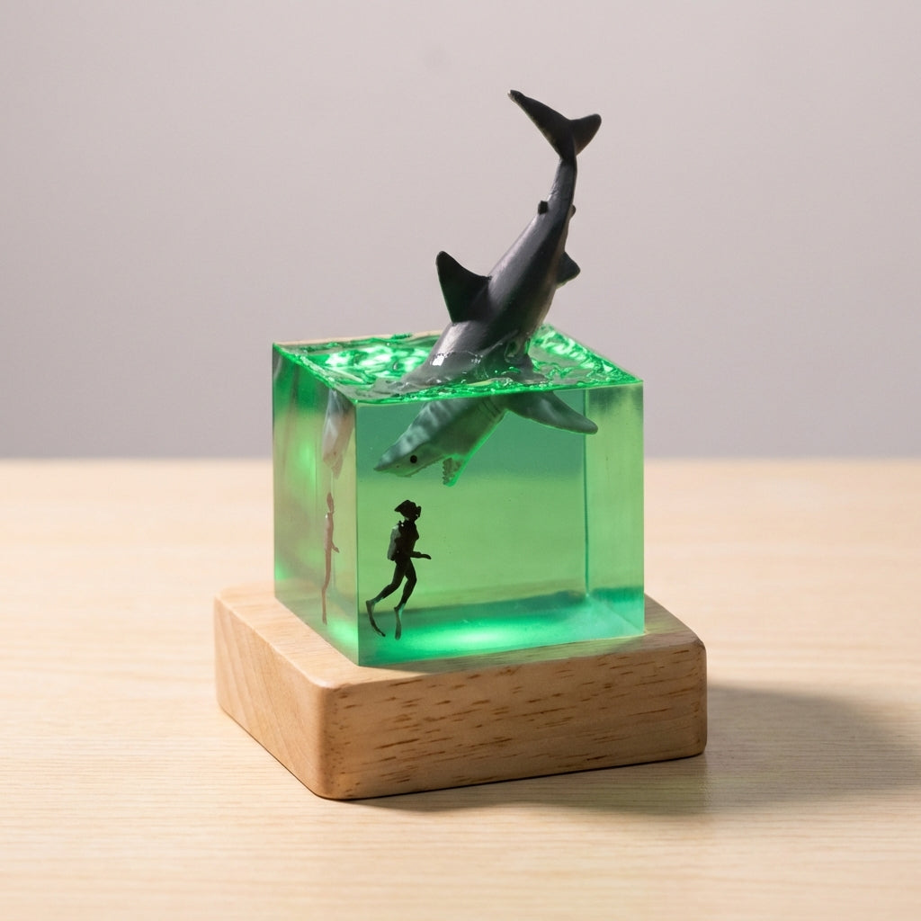 Lámpara de mesa con arte paisajístico de resina, cubo y base de madera