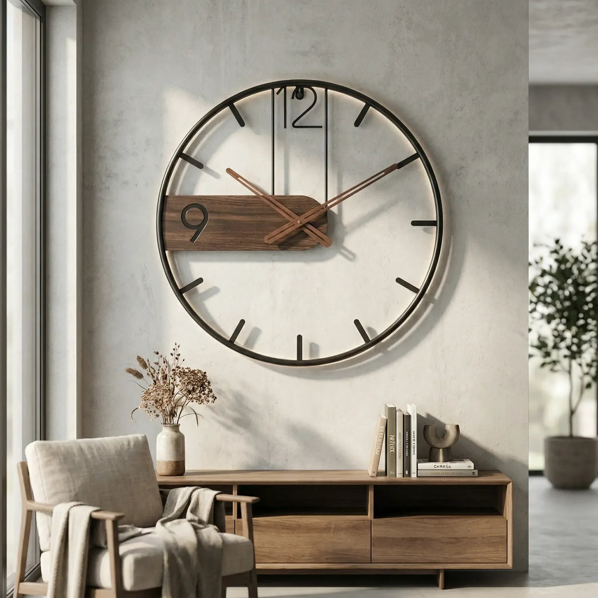 Reloj de pared industrial de cuarzo silencioso con marco abierto y detalle de madera