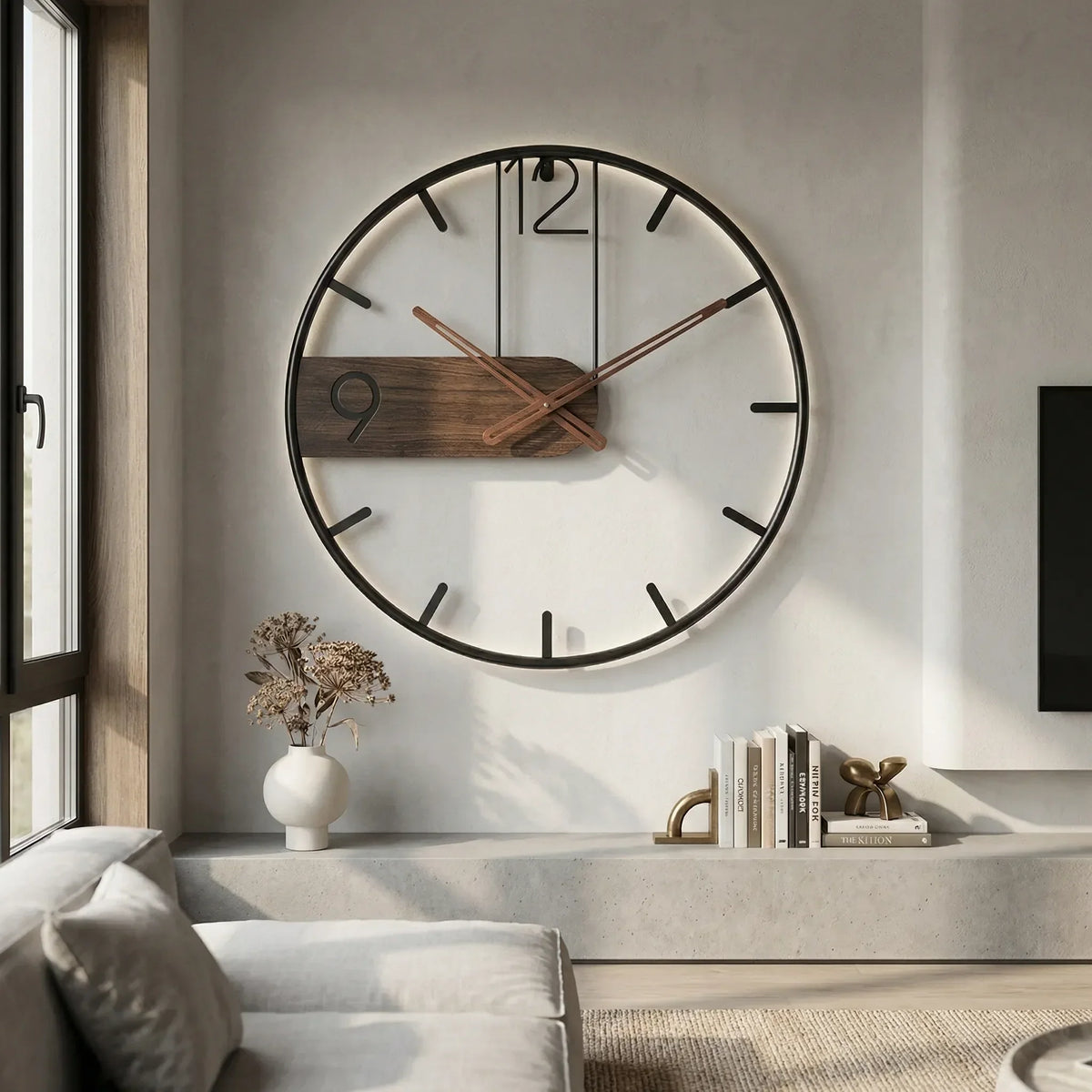 Reloj de pared industrial de cuarzo silencioso con marco abierto y detalle de madera