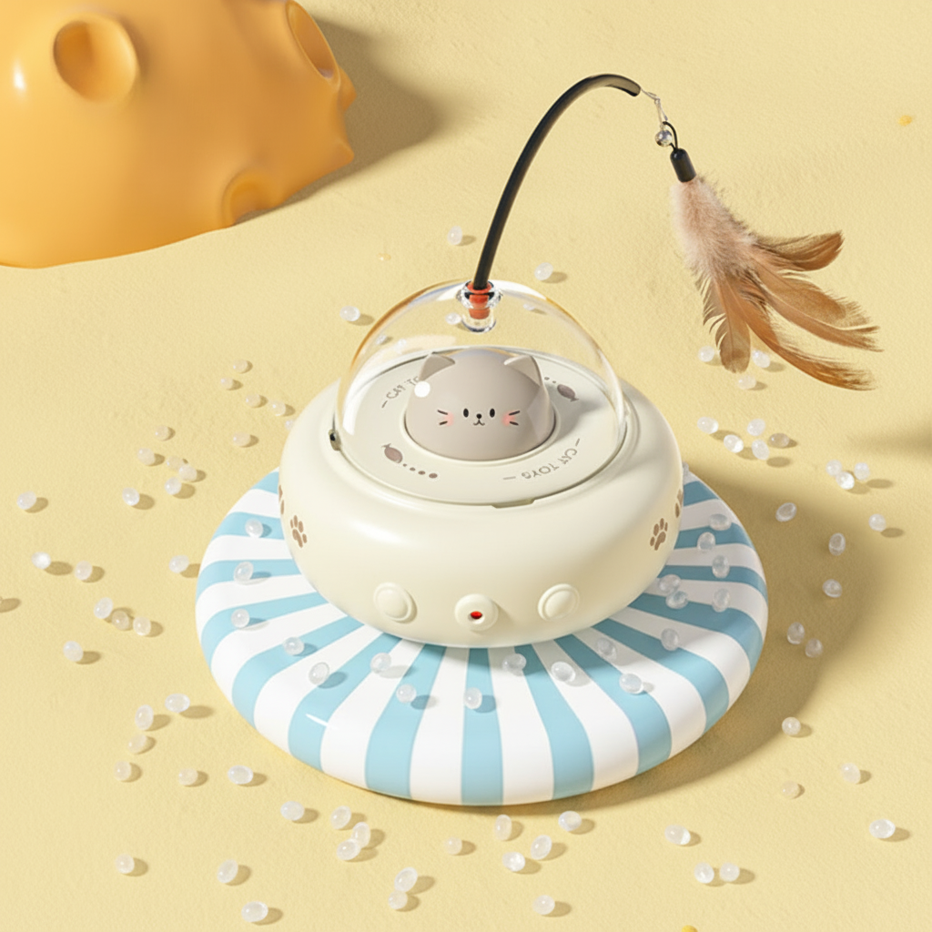 Juguete para gatos con forma de ovni, láser automático interactivo y pluma para perseguir