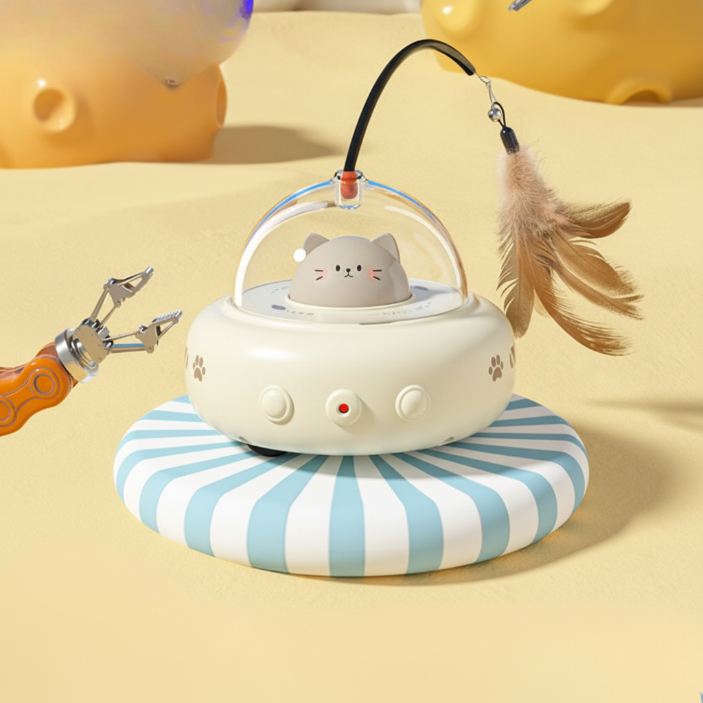 Juguete para gatos con forma de ovni, láser automático interactivo y pluma para perseguir