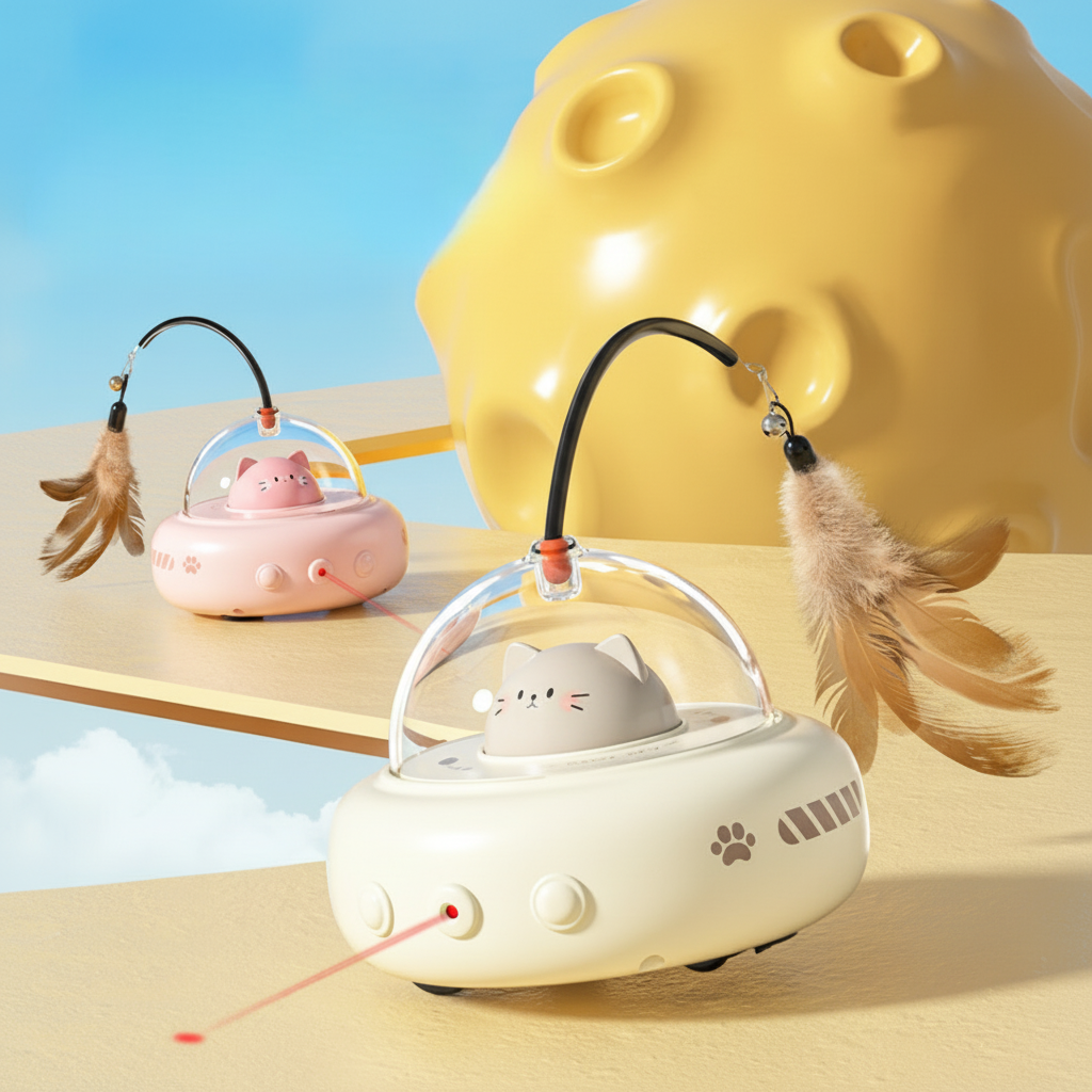 Juguete para gatos con forma de ovni, láser automático interactivo y pluma para perseguir