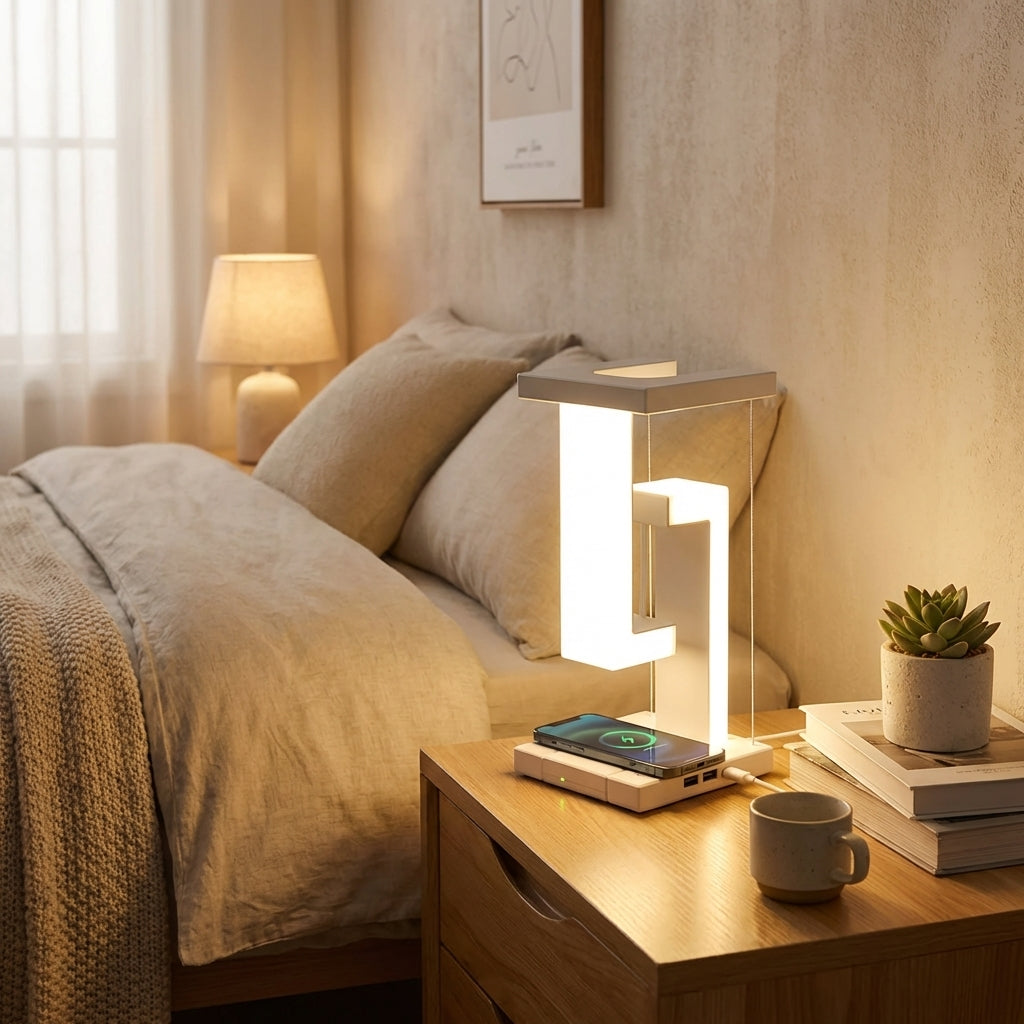 Lámpara de mesa futurista flotante con luz ambiental y carga inalámbrica