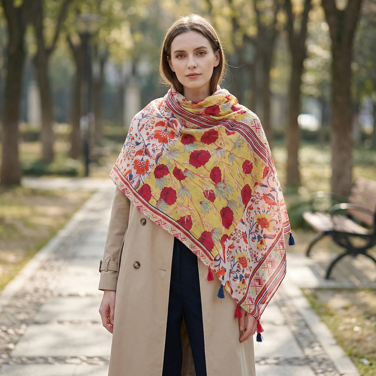 Bufanda y envolvente ligera para mujer de estilo bohemio, con estampado floral y flecos