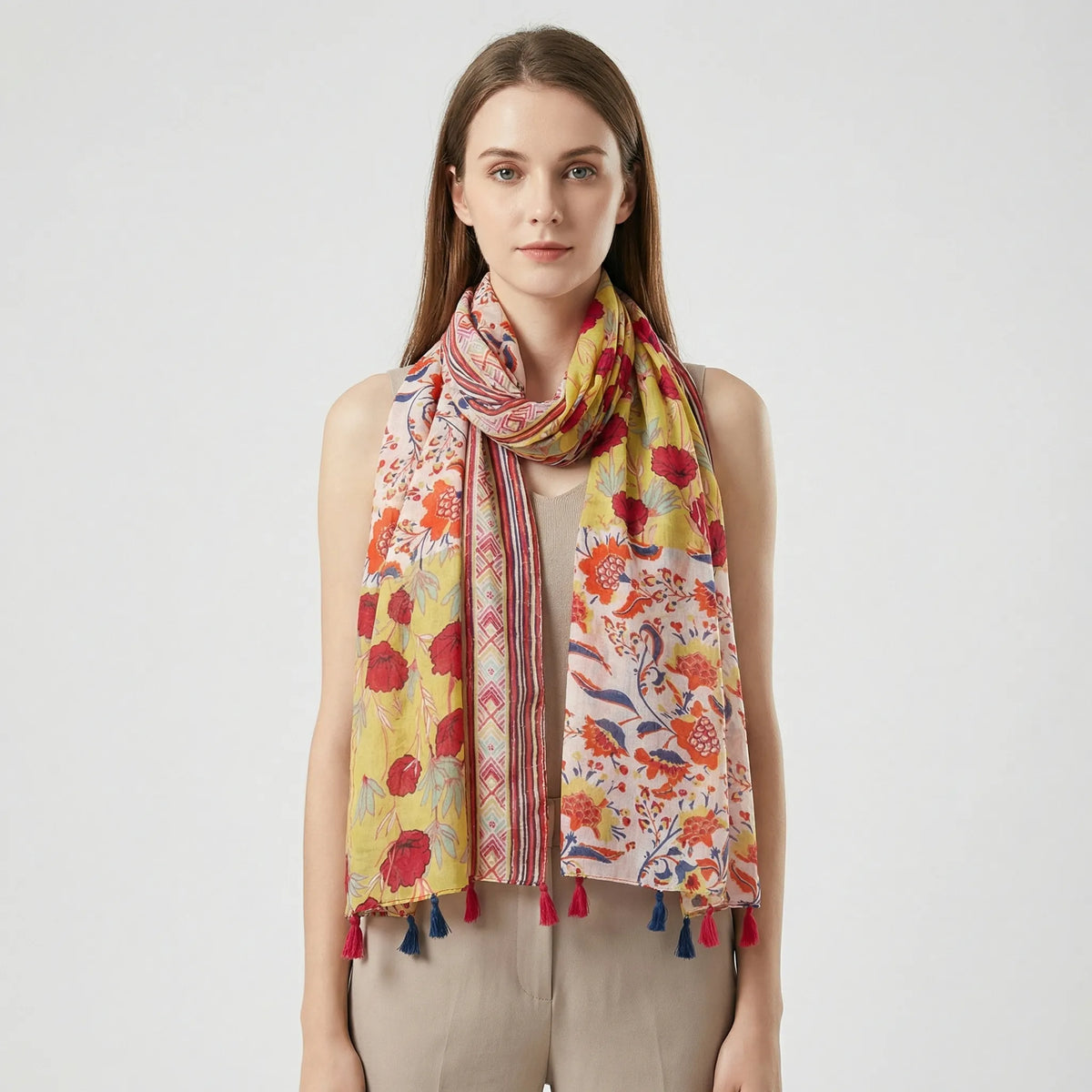Bufanda y envolvente ligera para mujer de estilo bohemio, con estampado floral y flecos