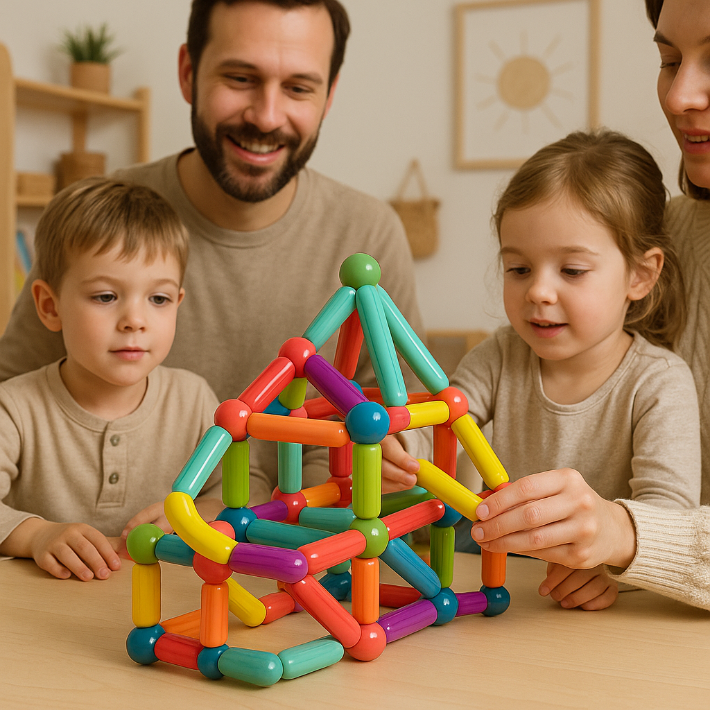Juguete educativo de construcción STEM con bloques geométricos magnéticos que encajan entre sí