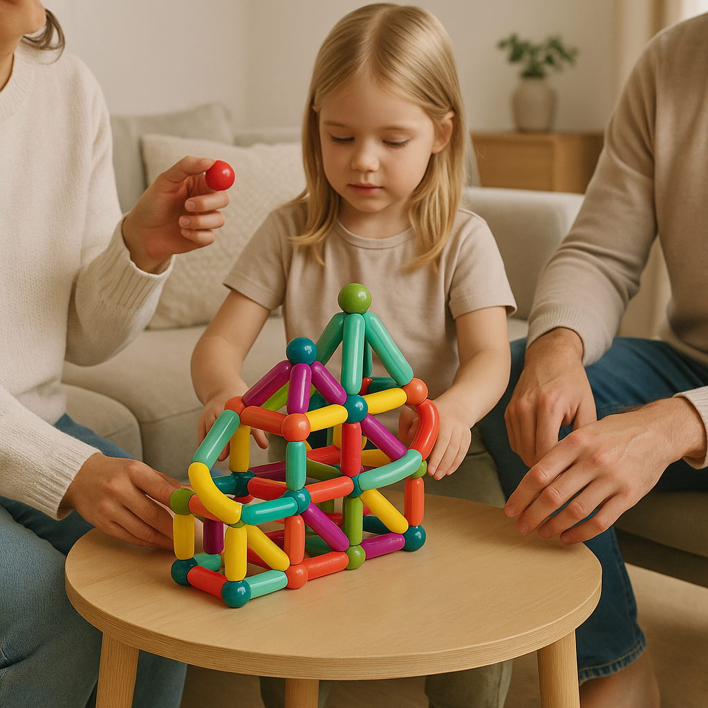Juguete educativo de construcción STEM con bloques geométricos magnéticos que encajan entre sí