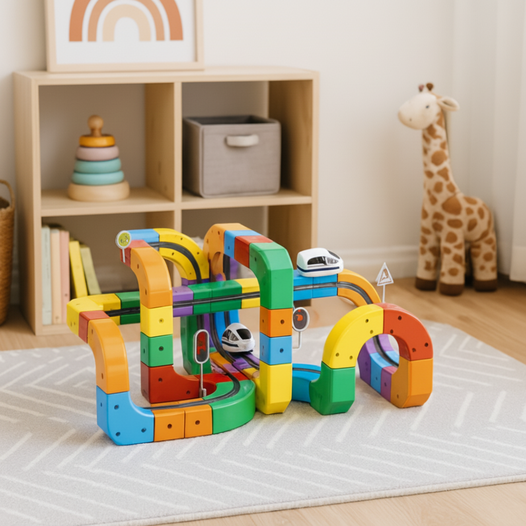 Set de juguete de bloques de construcción modulares apilables con pista para canicas