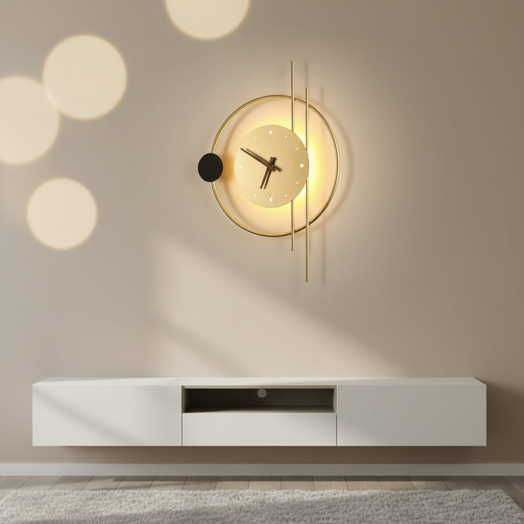 Reloj de pared de metal y acrílico con luz blanca cálida
