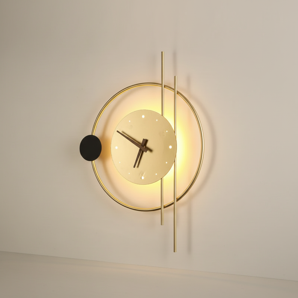 Reloj de pared de metal y acrílico con luz blanca cálida