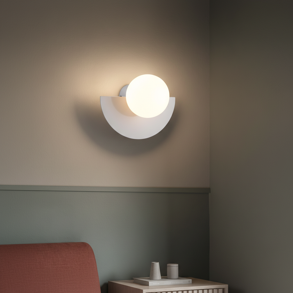 Aplique de pared minimalista ambiental con carcasa metálica en forma de media luna