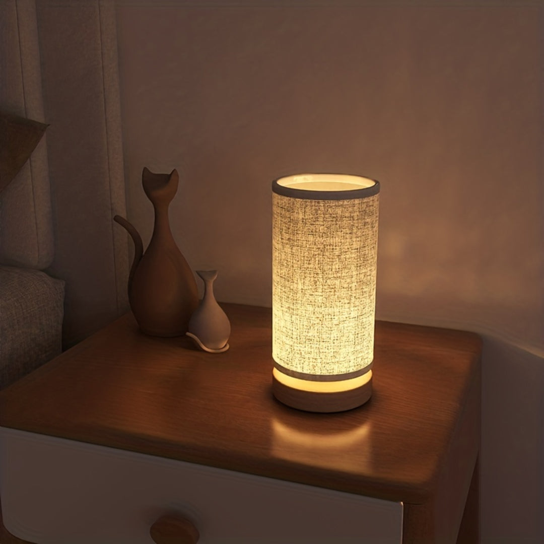 Lámpara de mesa USB con base de madera natural y pantalla de lino