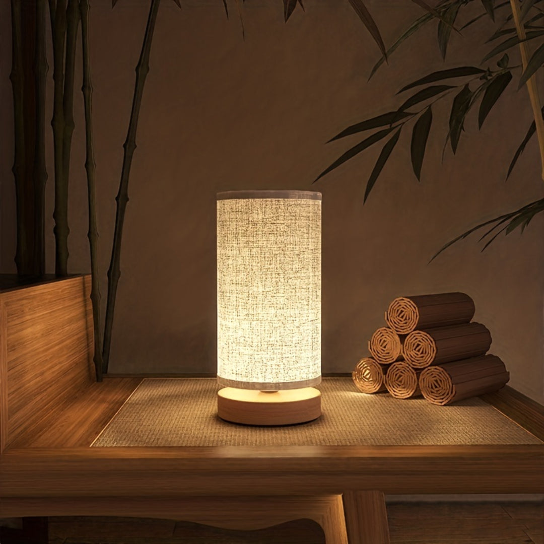 Lámpara de mesa USB con base de madera natural y pantalla de lino
