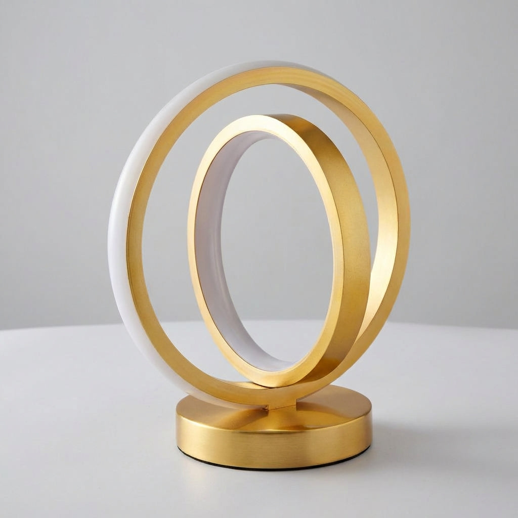 Lámpara de mesa USB compacta con base regulable y silueta de aro circular