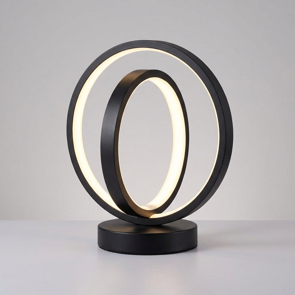 Lámpara de mesa USB compacta con base regulable y silueta de aro circular