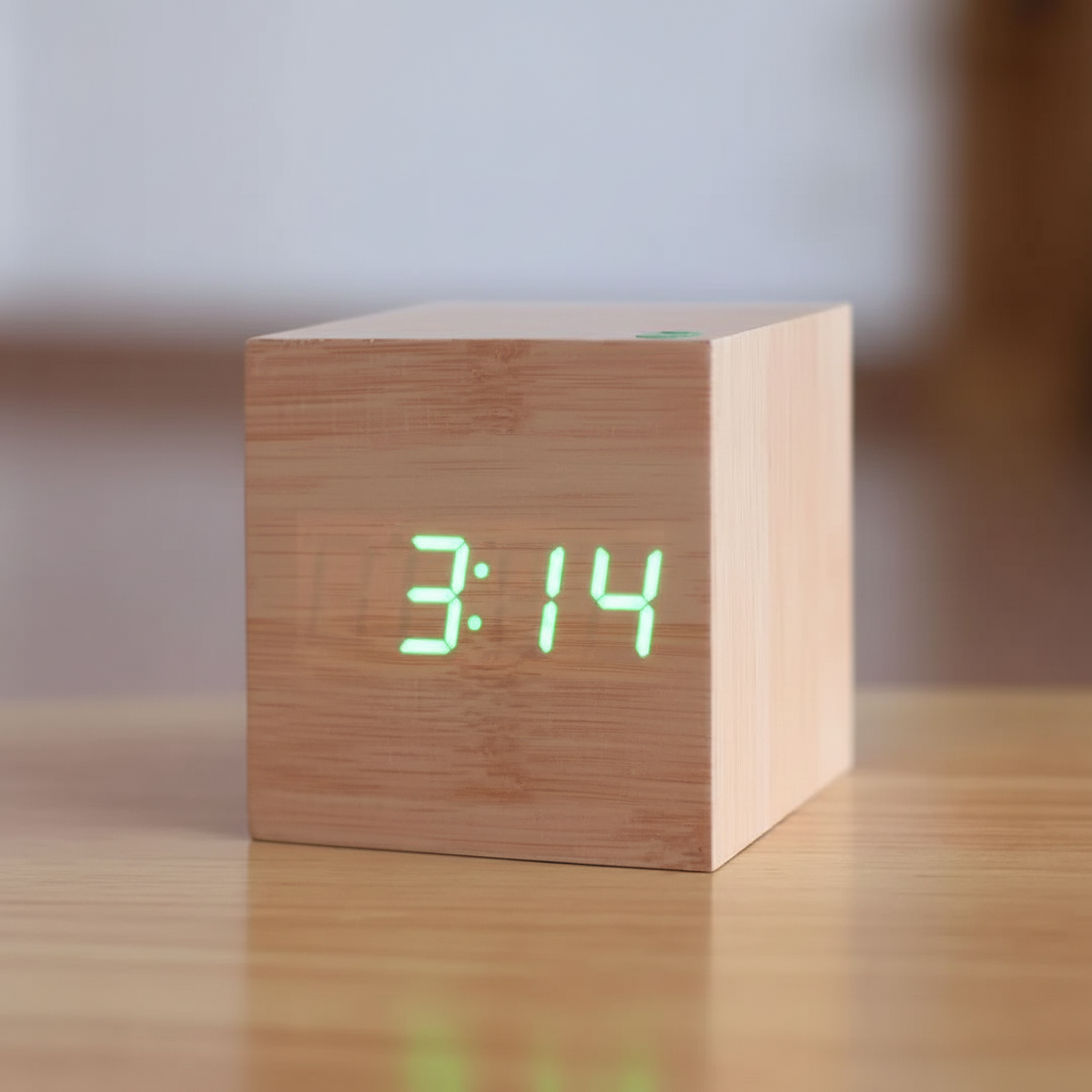 Reloj despertador digital de escritorio minimalista con acabado de madera